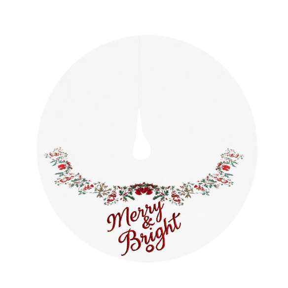 Round White Christmas Tree Skirt with Floral Garland and Merry & Bright Design