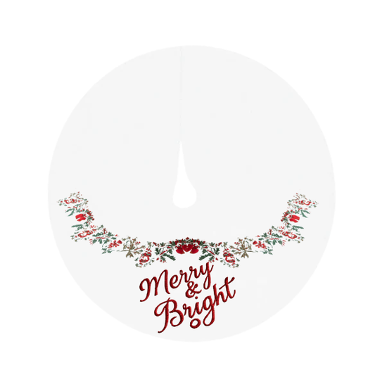 Round White Christmas Tree Skirt with Floral Garland and Merry & Bright Design