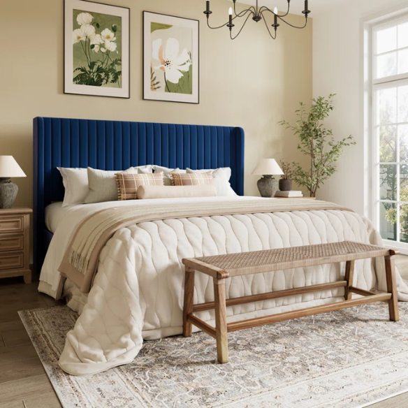 King Size Upholstered Platform Bed with Wingback Headboard – Simple, Elegant Design, Sturdy Wooden Slats, No Box Spring Needed for a Luxurious Sleep Experience