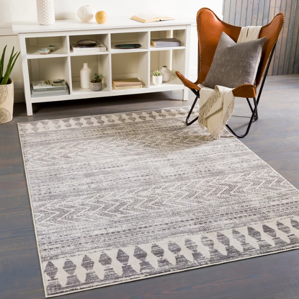 Southwestern-Inspired Geometric Rug – Dark Grey Diamond, Chevron & Dot Patterns on Off-White, Stain-Resistant, Perfect for High-Traffic Areas