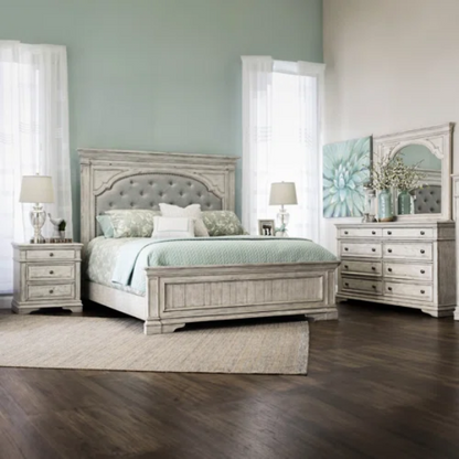 3-Piece Rustic Upholstered Panel Queen Bedroom Set in Driftwood Grey or Rustic Ivory – Includes Nightstand, Double Dresser with Mirror, and Button-Tufted Bed with Nailhead Trim