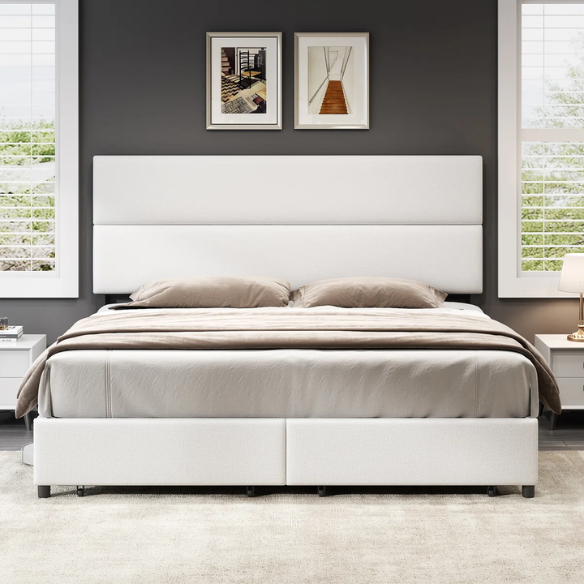 Linen Upholstered Bed Frame – Full/Double Size with Height Adjustable Headboard & 2 Built-In Storage Drawers