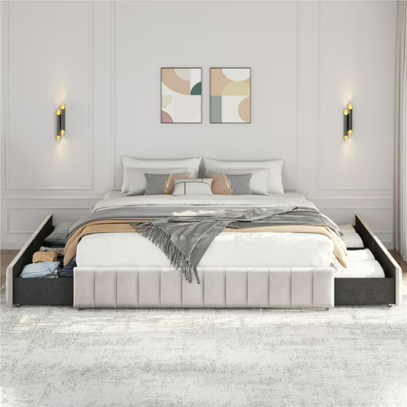 King Size Upholstered Platform Storage Bed with Velvet Fabric, Channel-Tufted Accents, and Built-In Drawers for Extra Storage