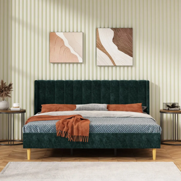 Luxury Corduroy Upholstered King Size Platform Bed Frame - Stylish Modern Wingback Design with Ultimate Comfort