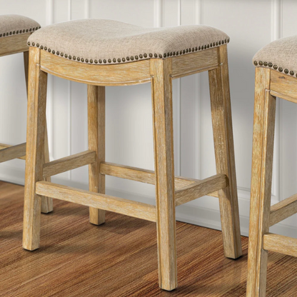 Saddle-Seat Wood Bar Stool with Upholstered Seat – Stylish and Durable Counter Stool in Weathered Natural  Finish
