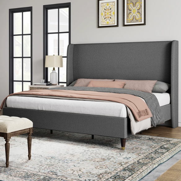King Size Upholstered Platform Bed with Wingback Design, Foam-Padded Linen Headboard, and Steel Reinforced Frame