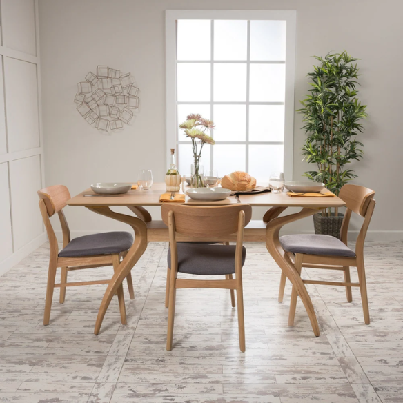 Mid-Century Modern 5-Piece Dining Set – Smooth Wood Finish with Cushioned Fabric Chairs for Comfort & Style