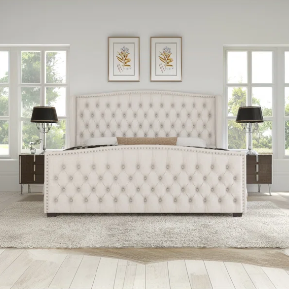 Velvet Queen Size Bed with Button Tufted Upholstery, Nailhead Trim, and Wingback Headboard