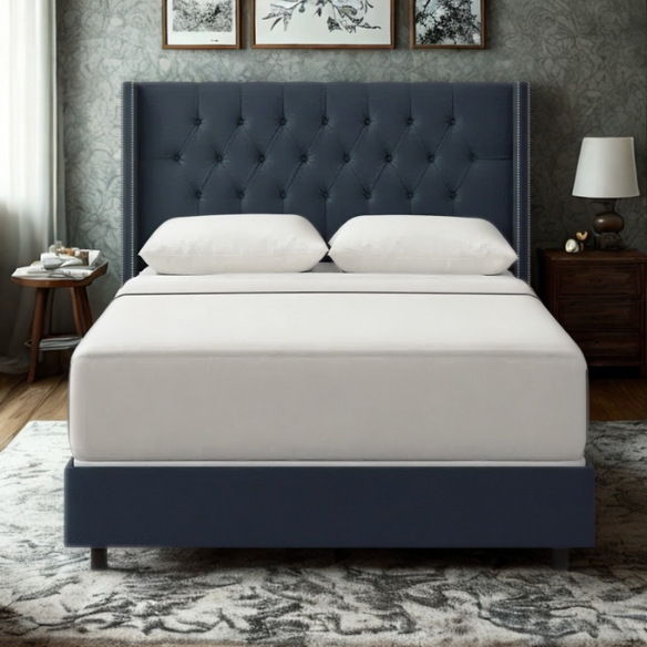 Timeless Upholstered Wingback King Size Bed with Button Tufting and Nailhead Trim