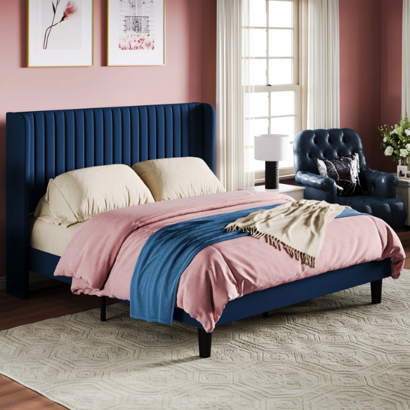 Luxurious King Size Upholstered Velvet Platform Bed with Modern Wingback Headboard – Heavy-Duty Steel Frame, No Box Spring Needed, and Ample Under-Bed Storage