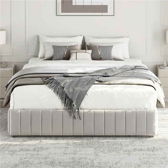 King Size Upholstered Platform Storage Bed with Velvet Fabric, Channel-Tufted Accents, and Built-In Drawers for Extra Storage