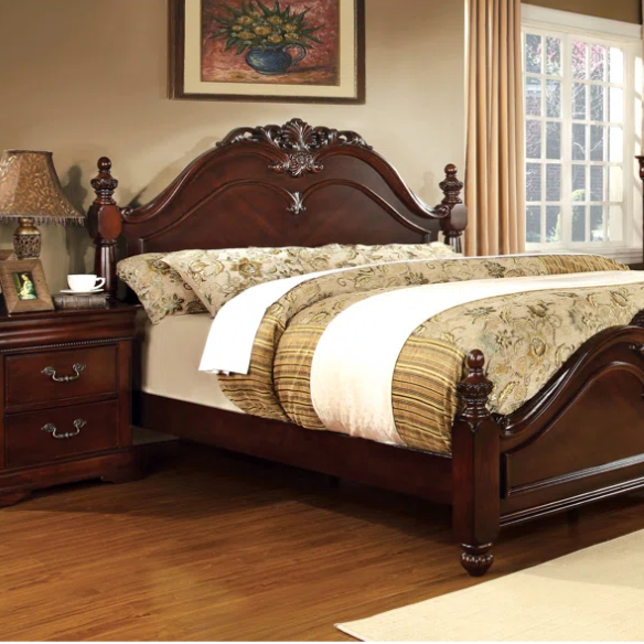 Traditional Elegance 4-Piece Queen Bedroom Set in Cherry Brown with Carved Accents, Camelback Bed, Nightstand, Dresser, and Mirror