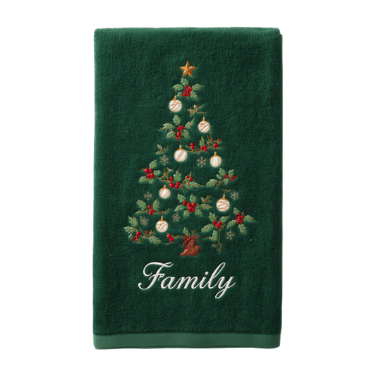 Dark Green Terry Cloth Christmas Towel with Embroidered Family Design