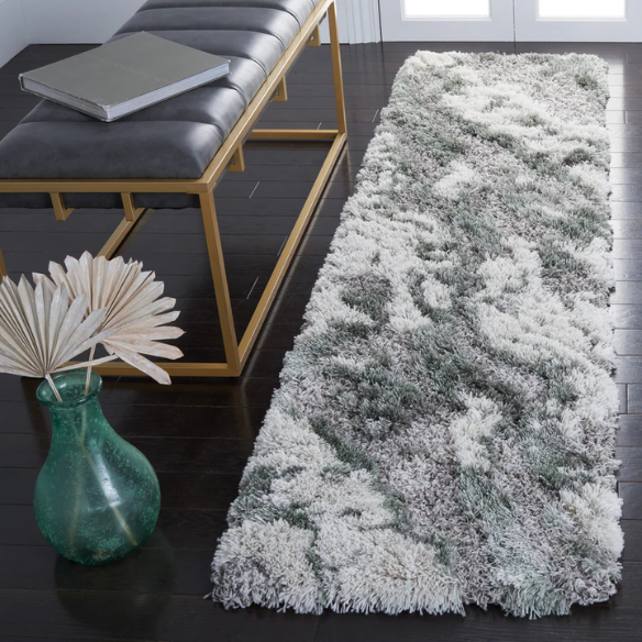 Plush Abstract Green, Grey, and White Pattern Shag Rug