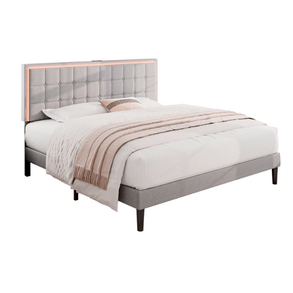 King Size Button-Tufted Platform Bed with LED Headboard, Built-in Charging Station, and Under-Bed Storage – Modern Convenience Meets Stylish Design