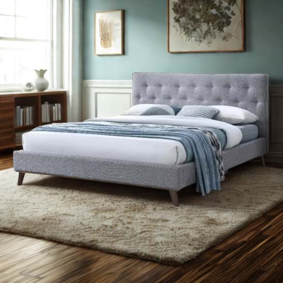 Modern Upholstered Platform Bed with Button Tufting and Eucalyptus Wood Frame – King Size