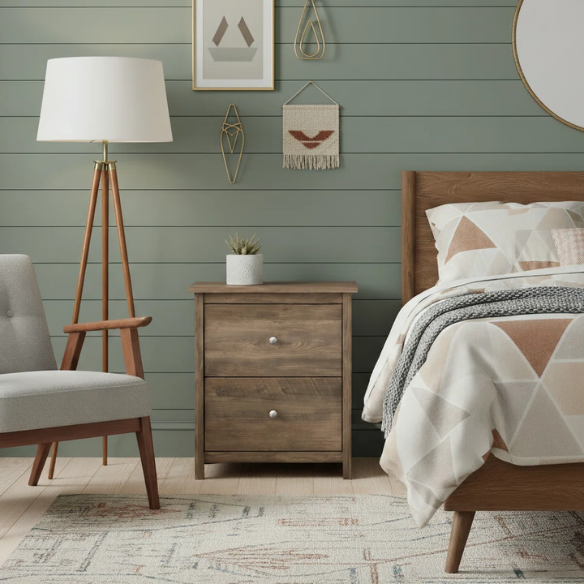 2-Drawer Nightstand – Neutral Engineered Wood, Streamlined Rectangular Design, Four Block Legs, Convenient Storage with Roller-Glide Drawers & Metal Knobs, Perfect for Traditional & Contemporary Bedroom