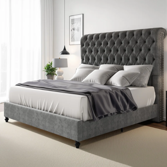 Luxurious Velvet Upholstered Sleigh Bed with Tufted Button and Gem-Accented Headboard
