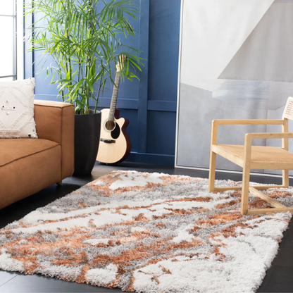 Plush Abstract Rust, Grey, and White Pattern Shag Rug