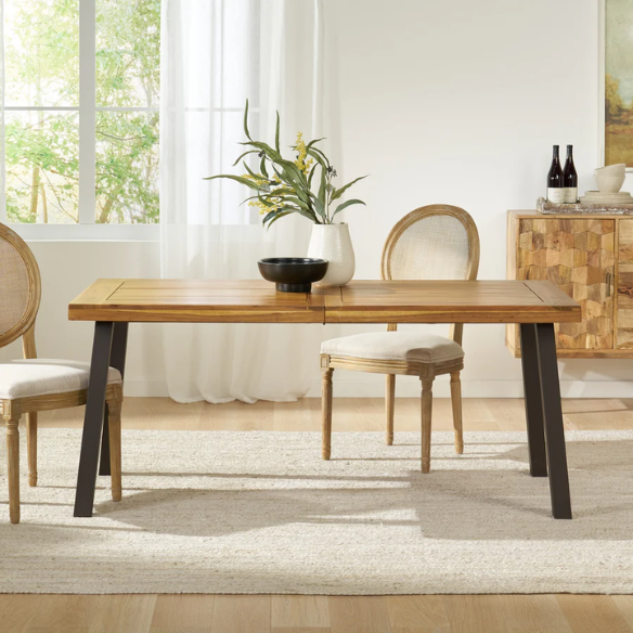 Acacia Wood and Iron 6-Seat Dining Table – Rustic Metal Frame with Natural Stained Acacia Wood Top, Modern Industrial Style for Timeless Appeal