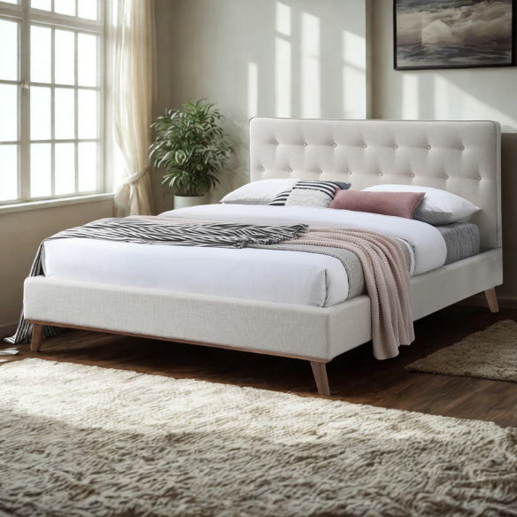 Modern Upholstered Platform Bed with Button Tufting and Eucalyptus Wood Frame – King Size