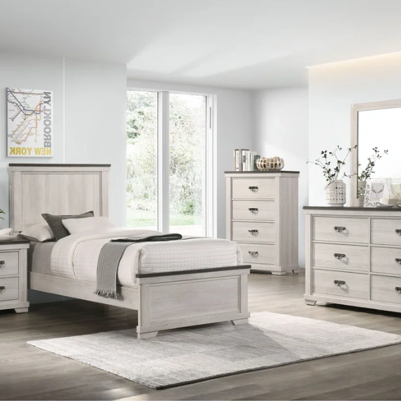 Luxurious Rustic Solid Wood 5-Piece Twin Bedroom Set: Cream & Brown Panel Bed, Dresser, Mirror, Nightstand, and Chest