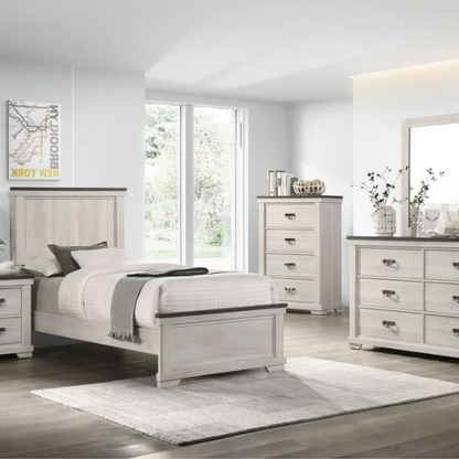 Luxurious Rustic Solid Wood 5-Piece Twin Bedroom Set: Cream & Brown Panel Bed, Dresser, Mirror, Nightstand, and Chest