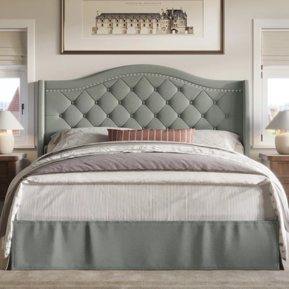 Elegant Upholstered Wingback Bed – Full/Double Size with Soft Polyester Fabric & Classic, Sophisticated Design