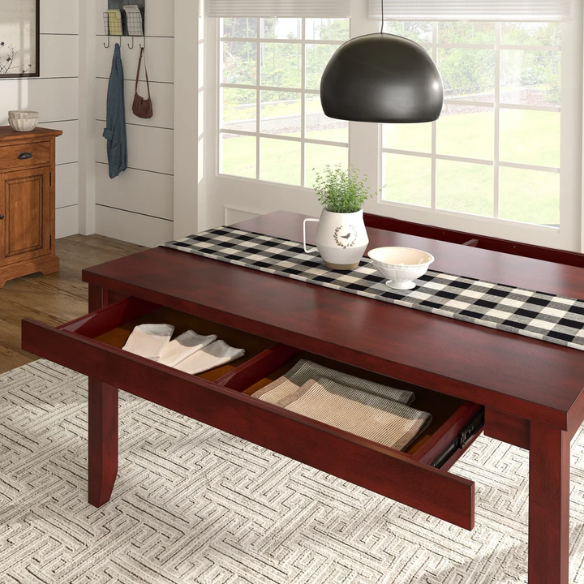 Solid Wood Rectangular Dining Table with Two Drawers – Distressed Finish, Rubberwood Construction, and Organized Storage