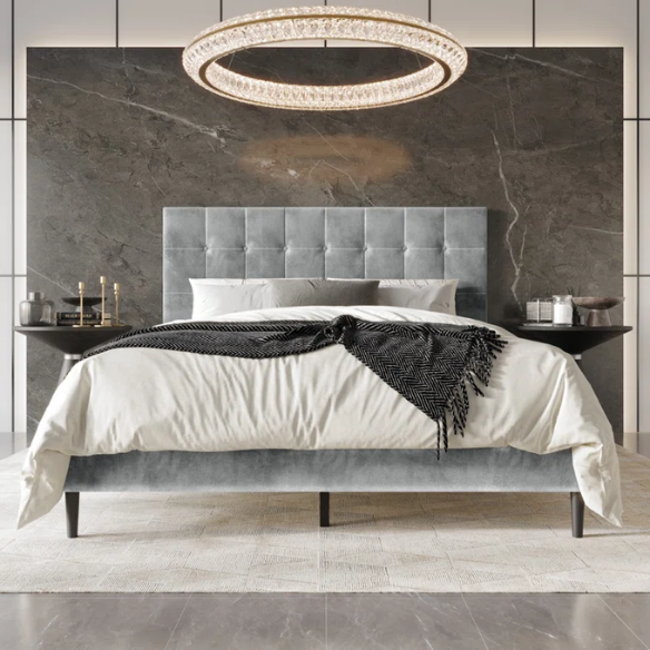 Luxurious Upholstered King Size Platform Bed with Tufted Velvet Headboard and Modern Tapered Legs – A Sophisticated Addition to Any Bedroom