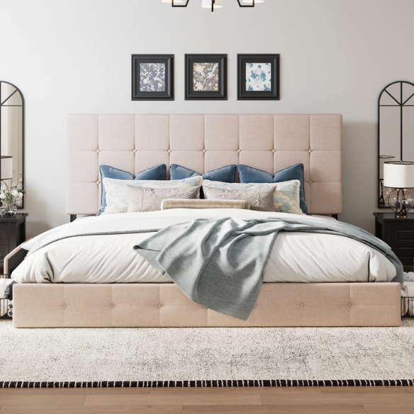 King Size Upholstered Platform Bed with Storage Drawers, Padded Headboard, and Sophisticated Button Tufting