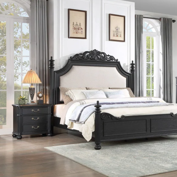 3-Piece Black Modern Contemporary Solid Wood & Veneers Fabric Upholstered Bedroom Set – Sleek, Sturdy Design with Luxurious Comfort