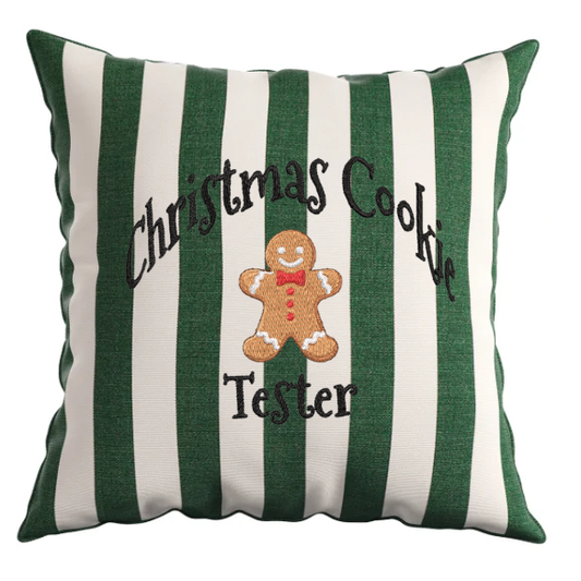 Christmas Cookie Tester Embroidered Striped Pillow – Indoor/Outdoor, Weather-Resistant & Festive
