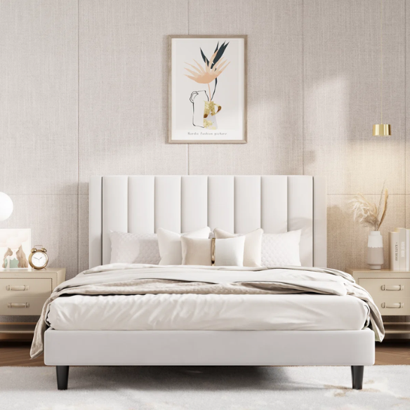 Luxurious Upholstered Platform Bed – Full/Double Size with Velvet Upholstery and Striped Headboard for Elegant Comfort