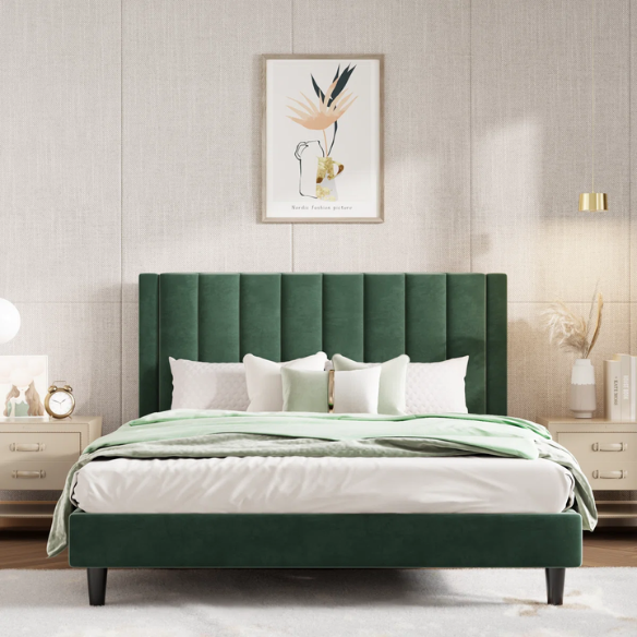Luxurious Upholstered Platform Bed – Full/Double Size with Velvet Upholstery and Striped Headboard for Elegant Comfort