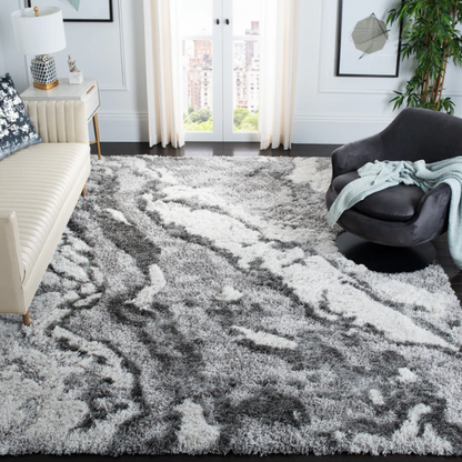 Plush Abstract Grey & Ivory Pattern Shag Rug