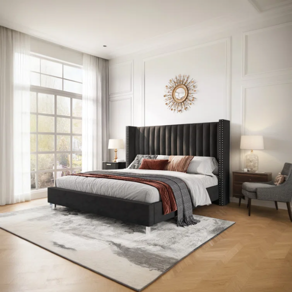 Velvet Upholstered Queen Size Platform Bed with Tufted Button Detail on Headboard