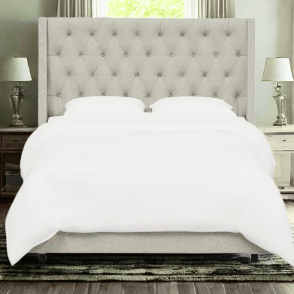 Chic Upholstered Wingback King Size Bed with Button Tufting and Nailhead Trim