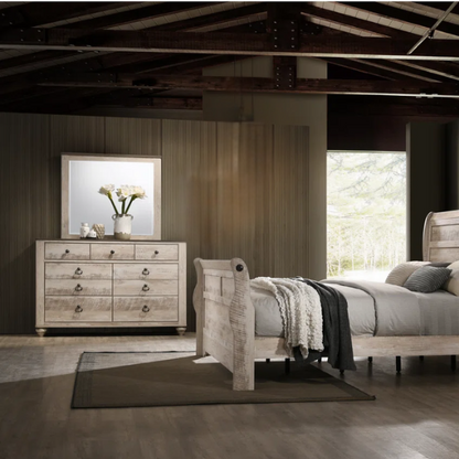 Shabby Elegance 5-Piece Sleigh Queen Bedroom Set – Vintage White-Washed Finish, Designer Antique Metal Pulls, and Spacious Drawers with Felt-Lined Top Drawers