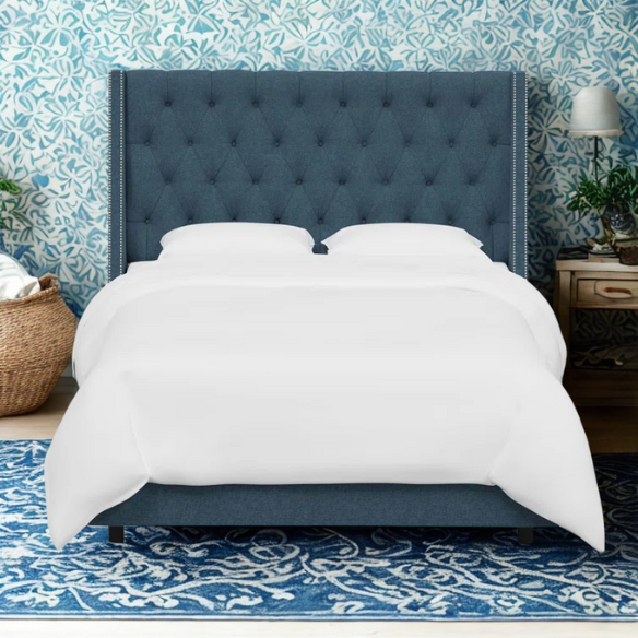 Chic Upholstered Wingback King Size Bed with Button Tufting and Nailhead Trim