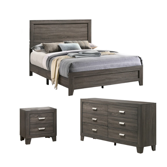 Rustic Farmhouse Queen Bedroom Set in Dark Grey - 3 Piece Standard Set