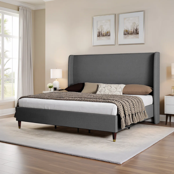 Queen Size Sleek and Minimalist Upholstered Platform Bed with Soft Linen Fabric – Elegant and Modern Design
