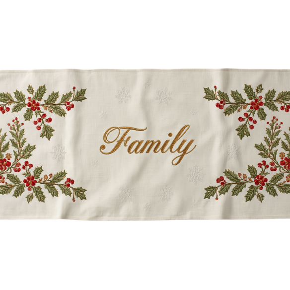 Embroidered Holly Family Table Runner - Off-White with Gold Script