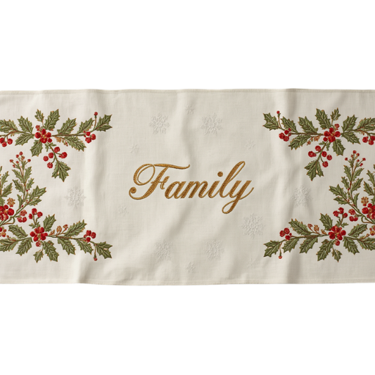 Embroidered Holly Family Table Runner - Off-White with Gold Script