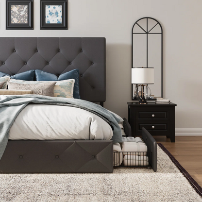 Queen Size Upholstered Platform Storage Bed with Tufted Button Accent Design