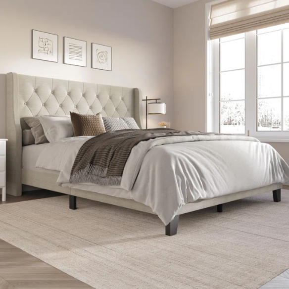 Elegant King Size Upholstered Wingback Bed with Button-Tufted Headboard – Foam-Padded for Ultimate Comfort and Support