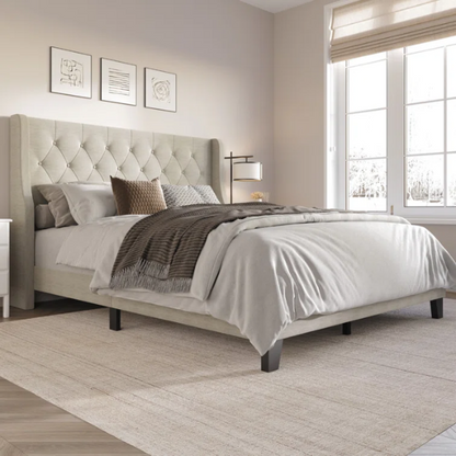 Elegant King Size Upholstered Wingback Bed with Button-Tufted Headboard – Foam-Padded for Ultimate Comfort and Support