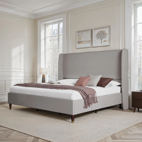 Queen Size Sleek and Minimalist Upholstered Platform Bed with Soft Linen Fabric – Elegant and Modern Design