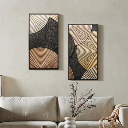 Modern Abstract Metal Wall Art (Set of 2) – Elegant Iron Sculpture with Textured Discs in Gold, Black, Rose Gold, and Gray for Bold, Contemporary Home Decor