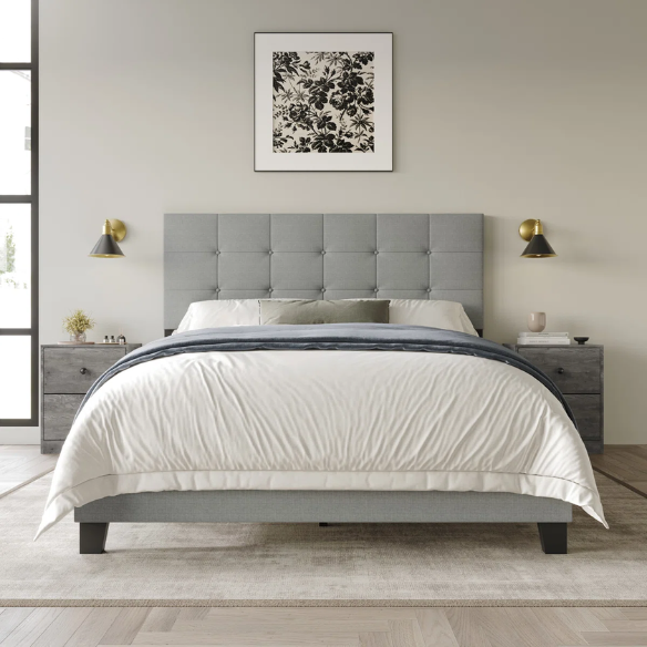 Elegant Solid Grey Queen Bedroom Set with Button-Tufted Upholstered Bed and Matching Nightstands – 3-Piece Set